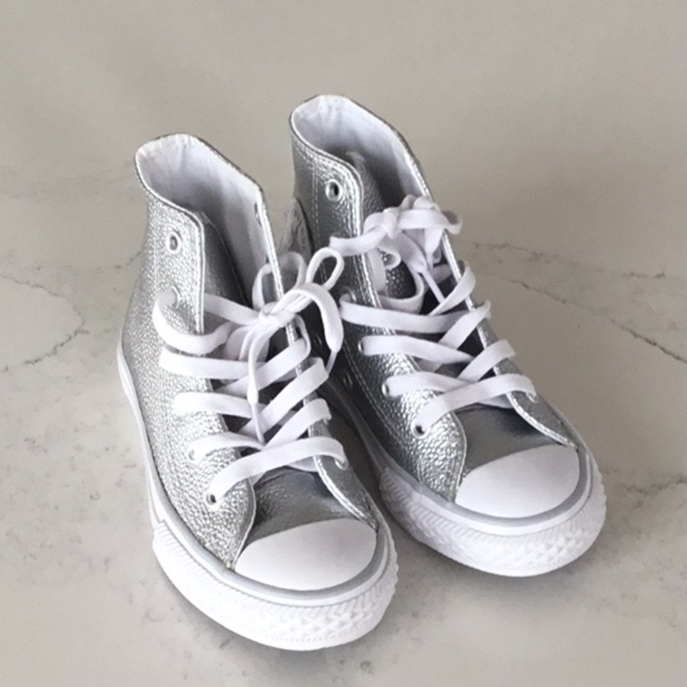 New without box silver leather Converse high tops, size 11